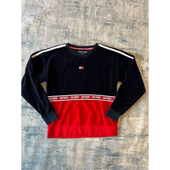 Tommy Hilfiger Sport Red White Blue Velvet Crewneck Sweater XS - Picture 1 of 6